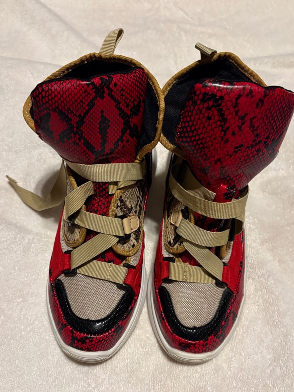 Cape Robbin Red Snake-Print High-Top Sneakers with Tan Straps
